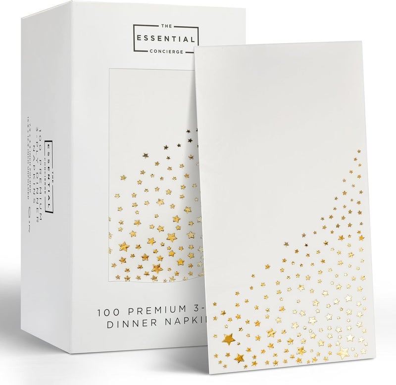 The Essential Concierge Stylish Gold Star Napkins, 100 White and Gold Dinner Napkins, Disposable 7.5 x 4.25 Inch Serviettes for Party or Wedding - Image 1
